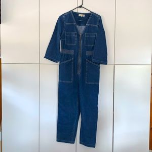 EUC Madewell V-Neck Zip Up Denim 3/4 Sleeve Cropped Jumpsuit szM